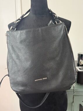 Michael Kors Black Pebbled Leather Shoulder Tote with Gold Logo